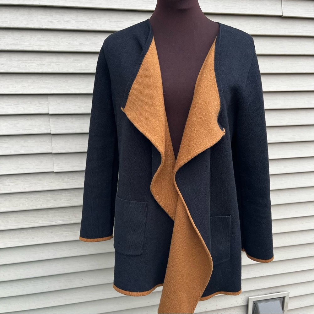 Alfani navy & camel waterfall cardigan open sweater w pockets